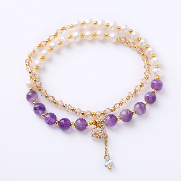 Buddha Stones Natural Amethyst Aquamarine Strawberry Quartz Pearl Peace Healing Double Wrap Bracelet - image 2