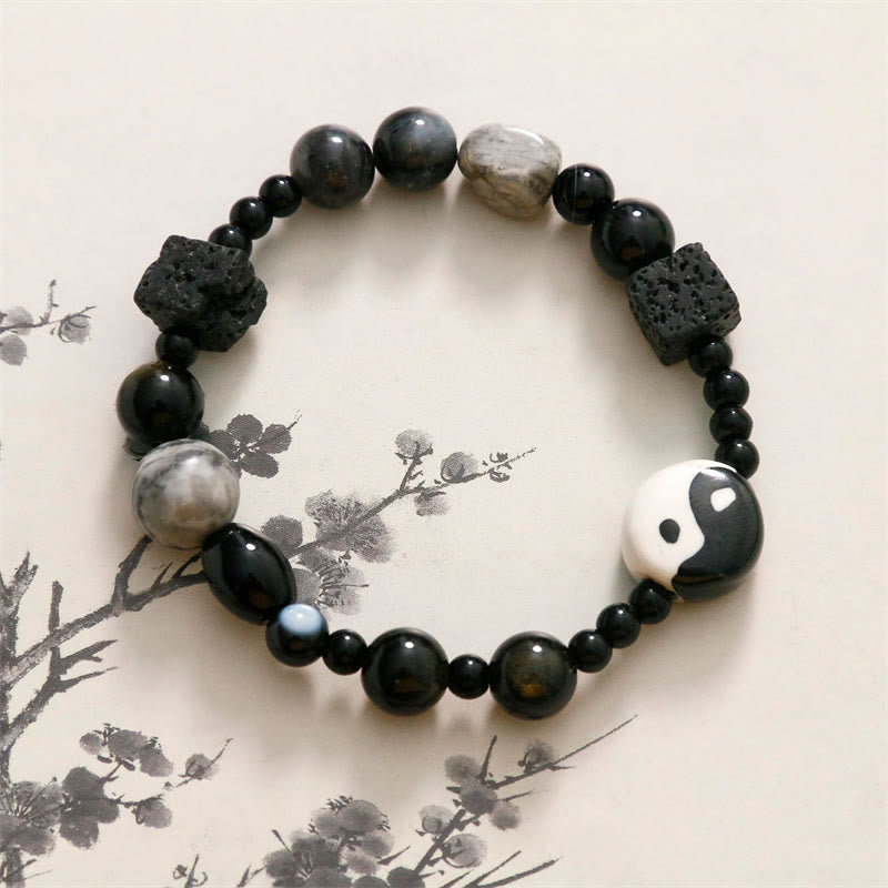 Buddha Stones Black Onyx Picasso Jasper Bead Yin Yang Fortune Protection Bracelet - YIN YANG SYMBOL(Balance♥Harmony) - image 0