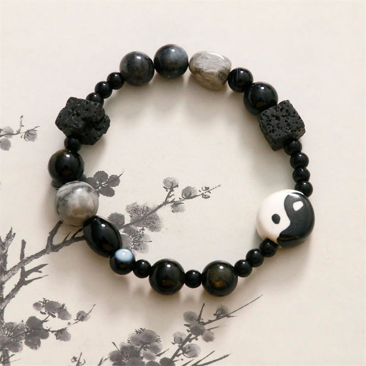 Buddha Stones Black Onyx Picasso Jasper Bead Yin Yang Fortune Protection Bracelet - YIN YANG SYMBOL(Balance♥Harmony) - image 0
