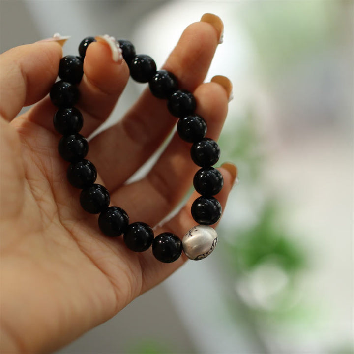 Buddha Stones 925 Sterling Silver Black Onyx Bead Character Engraved Protection Bracelet - image 7