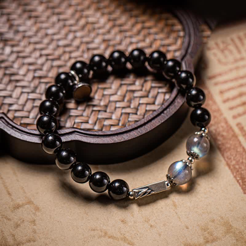 Buddha Stones 925 Sterling Silver Obsidian Moonstone Strength Couple Bracelet - 10mm - image 0