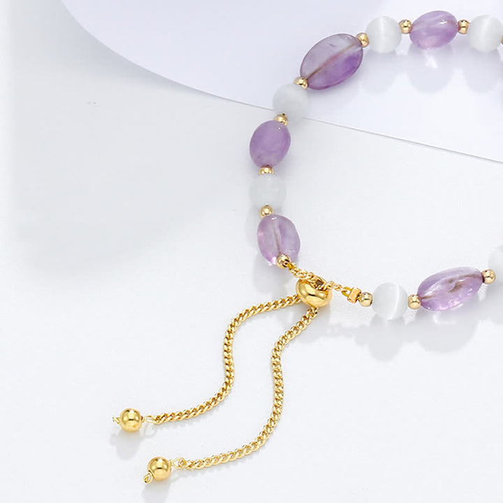 Buddha Stones Amethyst Pink Crystal Black Rutilated Quartz Spiritual Awareness Bracelet - image 3