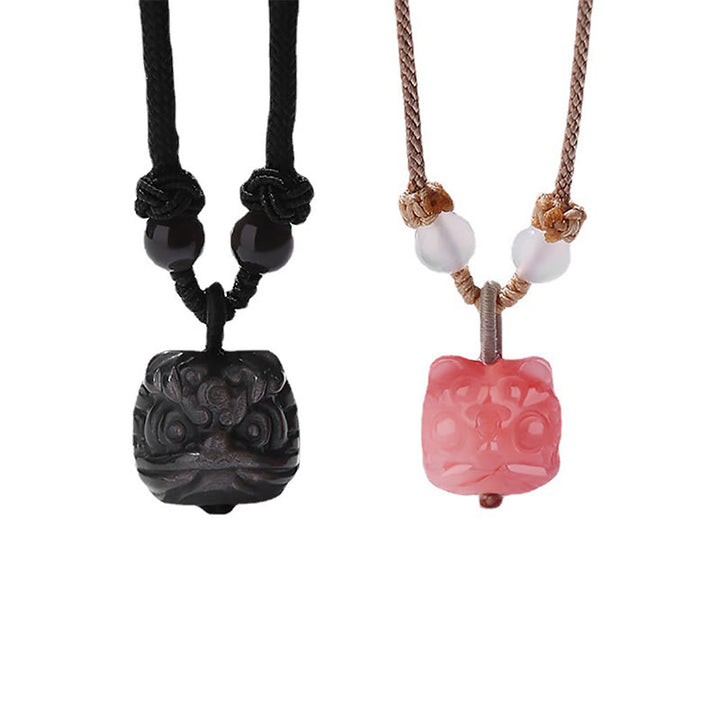 Buddha Stones Natural Silver Sheen Obsidian Red Agate Dancing Lion Protection Necklace Pendant - image 11