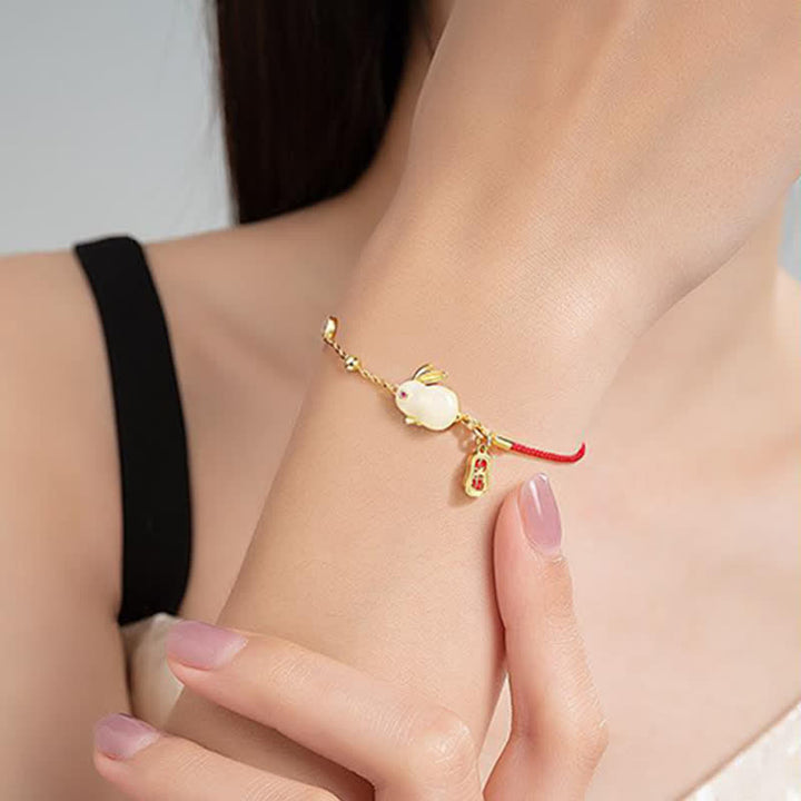 Buddha Stones Year of the Rabbit White Jade Happiness Red String Chain Bracelet - image 4