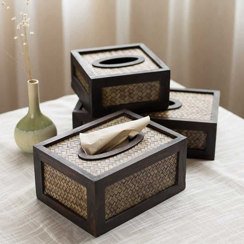 Handmade Bamboo Woven Wood Tissue Box Wooden Tissue Holder Wipes Boxes Decoration - image 0