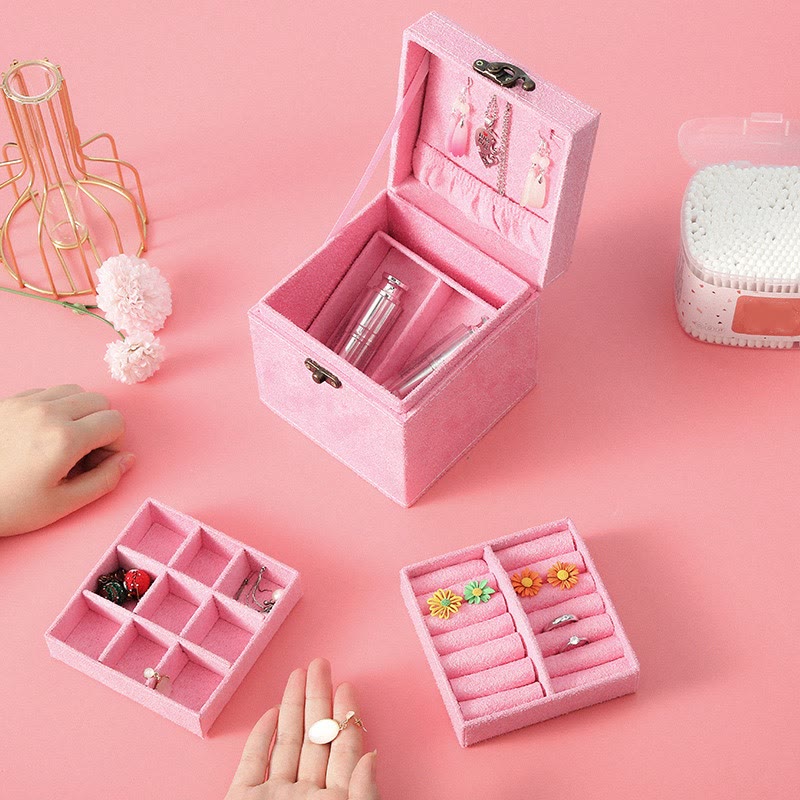 Buddha Stones Jewelry Box Organizer Three-Layer Jewelry Storage Box Flannel Gift Box - Pink(With Hook) 12*12*12cm - image 12
