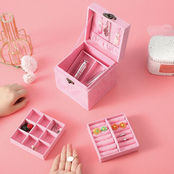 Buddha Stones Jewelry Box Organizer Three-Layer Jewelry Storage Box Flannel Gift Box - Pink(With Hook) 12*12*12cm - image 12