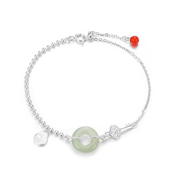 Buddha Stones 925 Sterling Silver Hetian Jade Peace Buckle Fu Character Luck Chain Bracelet - image 9