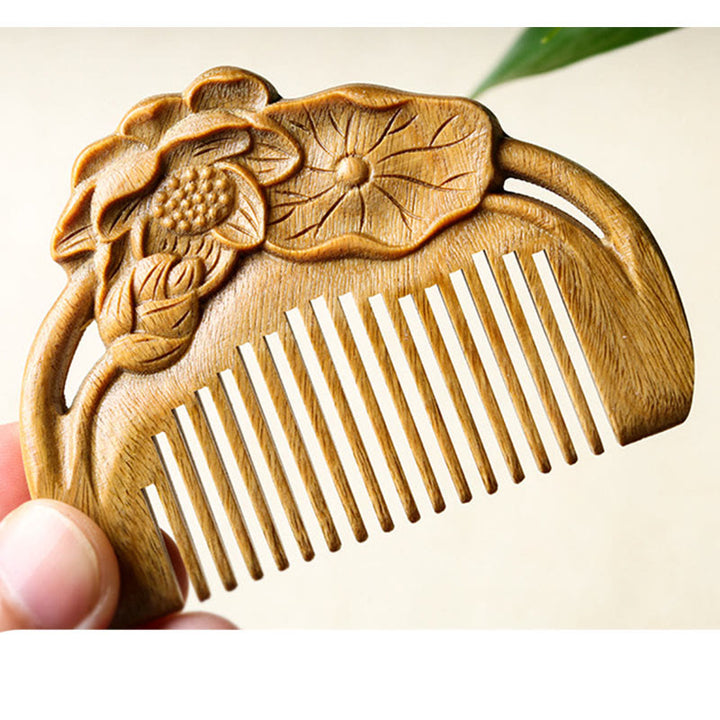 Natural Green Sandalwood Lotus Flower Leaf Engraved Soothing Comb - image 9