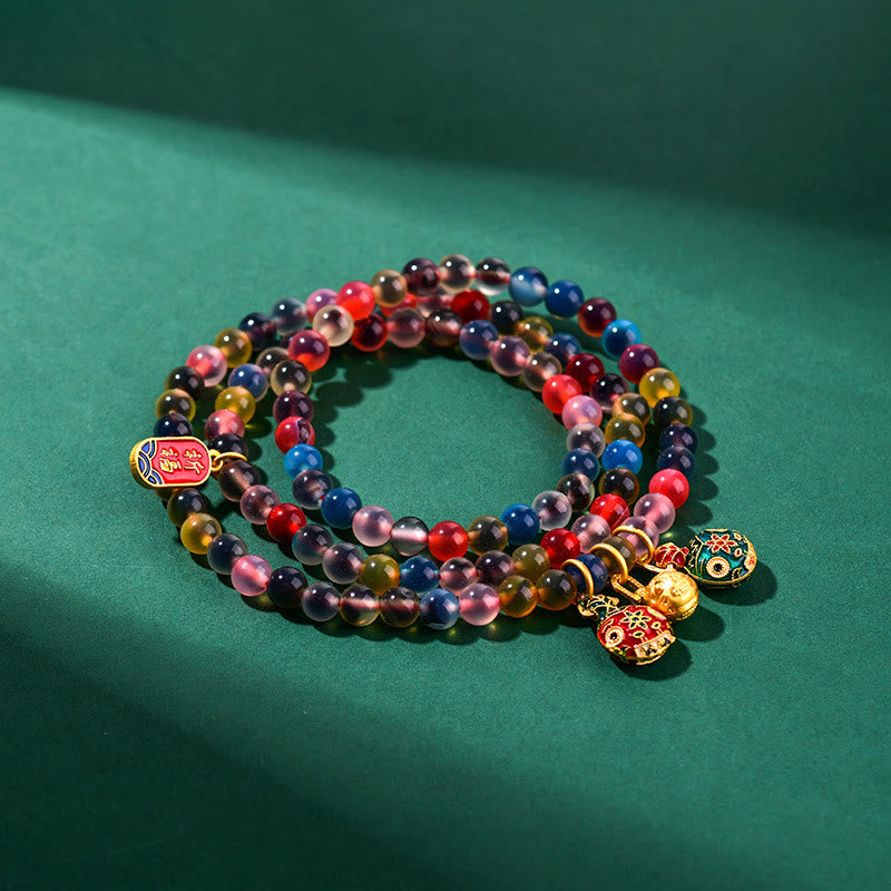 Buddha Stones Colorful Candy Agate Gold Swallowing Beast Family Strength Charm Triple Wrap Bracelet - image 6