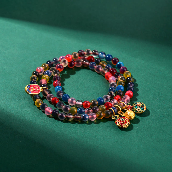 Buddha Stones Colorful Candy Agate Gold Swallowing Beast Family Strength Charm Triple Wrap Bracelet - image 6