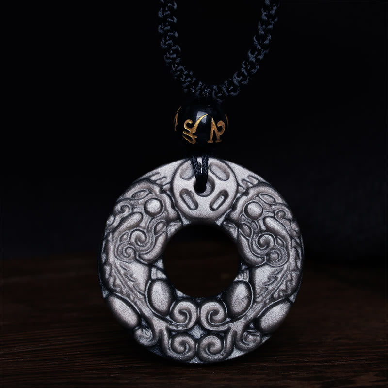 Buddha Stones Natural Silver Sheen Obsidian Double PiXiu Copper Coin Peace Buckle Protection Necklace Pendant - image 5