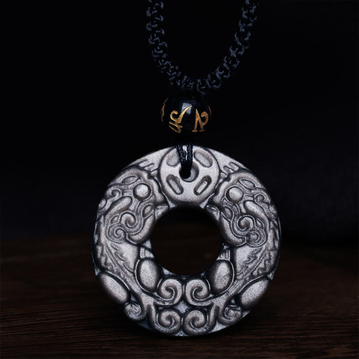 Buddha Stones Natural Silver Sheen Obsidian Double PiXiu Copper Coin Peace Buckle Protection Necklace Pendant - image 5