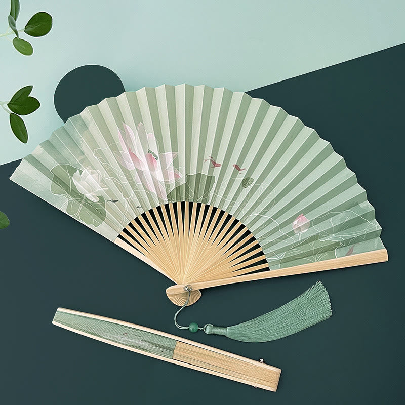 Buddha Stones Lotus Flowers Leaf Koi Fish Handheld Paper Bamboo Folding Fan - Lotus Flower - image 0