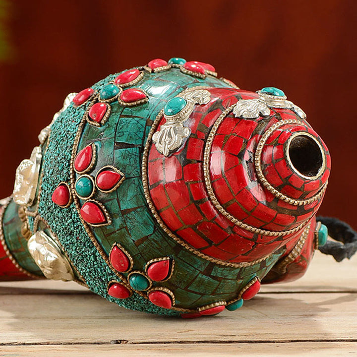 Tibetan Handmade Shankha Om Mani Padme Hum Buddha Avalokitesvara Turquoise Conch Shell Positive Decoration - image 4