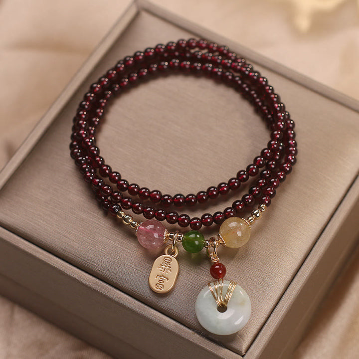 Buddha Stones Natural Garnet Strawberry Quartz Crystal Fox Koi Fish Peace Buckle Fortune Protection Triple Wrap Bracelet - image 14