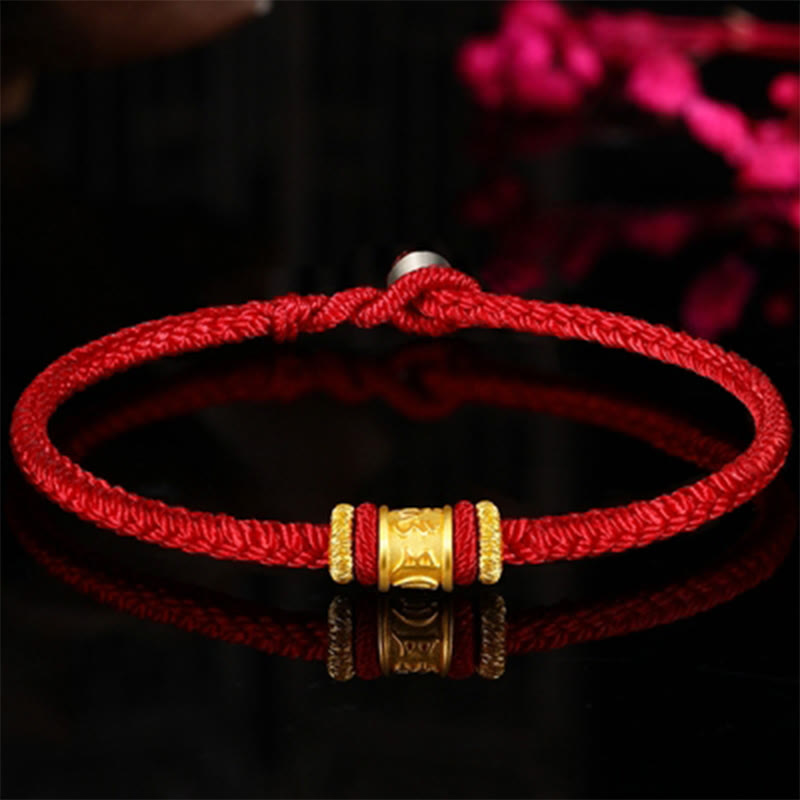 Buddha Stones Tibet 999 Gold Om Mani Padme Hum Engraved Protection Lucky Bead Bracelet - Red Rope - 24cm - image 0