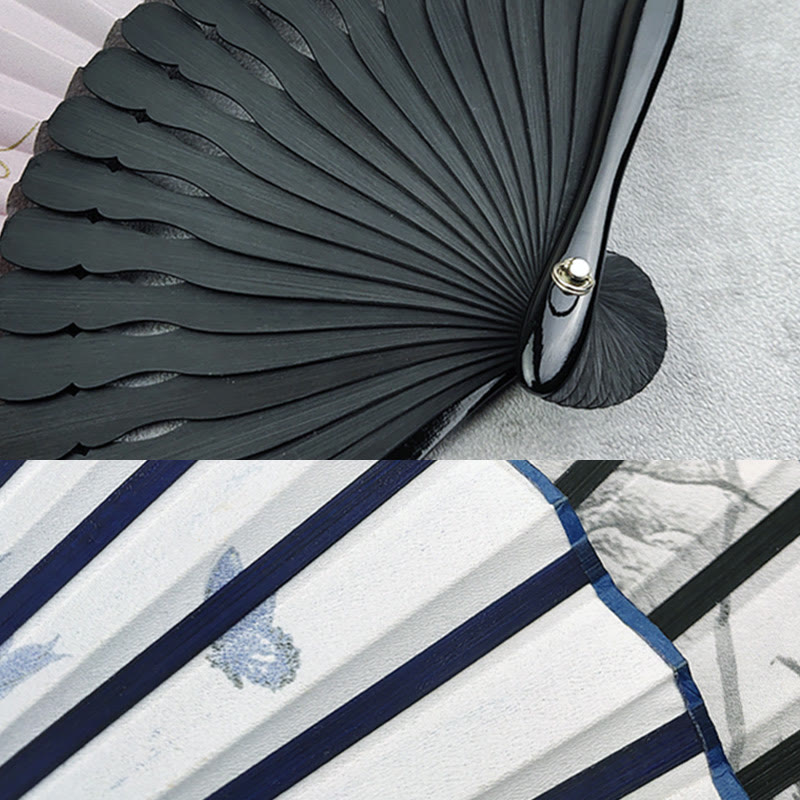 Buddha Stones Vintage Bamboo Peony Butterfly Lotus Handheld Silk Folding Fan With Bamboo Frames - image 9