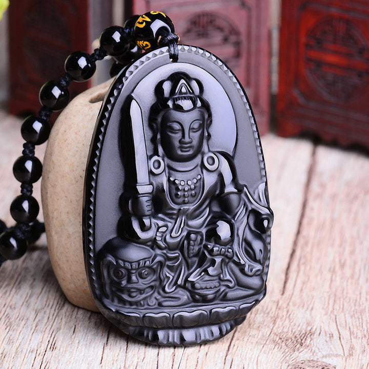 Buddha Stones Chinese Zodiac Obsidian Buddha Amulet Protection Pendant Necklace - image 2