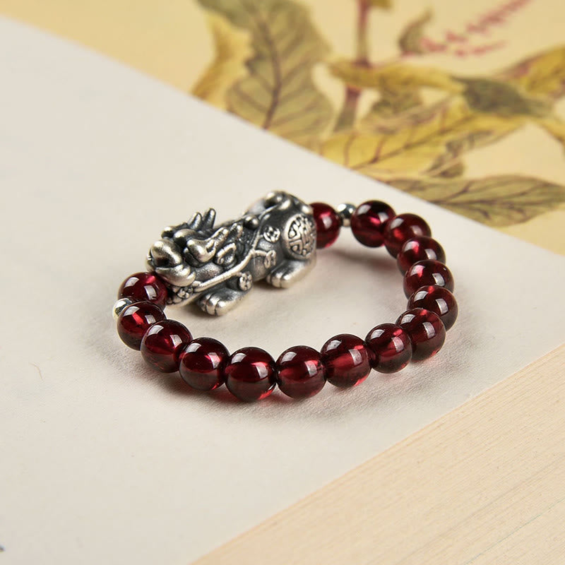 Buddha Stones 925 Sterling Silver Natural Garnet Moonstone Red Agate PiXiu Wealth Ring - image 2
