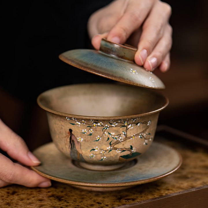 Buddha Stones Jingdezhen Hand Painted Ru Kiln Porcelain Hanfu Girl Flower Ceramic Gaiwan Sancai Teacup Kung Fu Tea Cup And Saucer With Lid - image 9