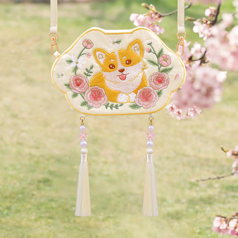 Buddha Stones Embroidery Lucky Panda Cat Shiba Inu Deer Rabbit Fox Flower Cute Animal Hanfu Bag Crossbody Bag Shoulder Bag - Shiba Inu - image 20