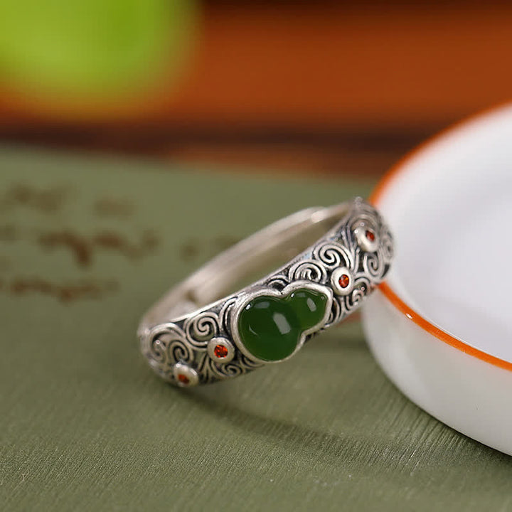 Buddha Stones 925 Sterling Silver Red Agate Cyan Jade Gourd Blessing Auspicious Ring - image 6
