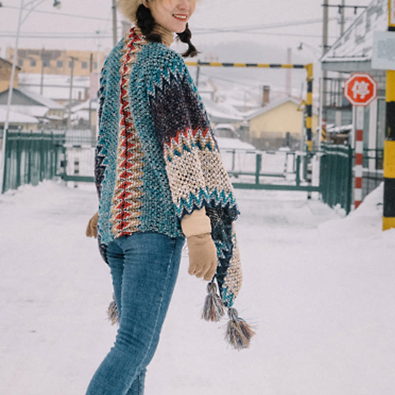 Buddha Stones Tibetan Shawl Blue Beige Red Wavy Pattern Winter Warm Tassel Scarf - image 8