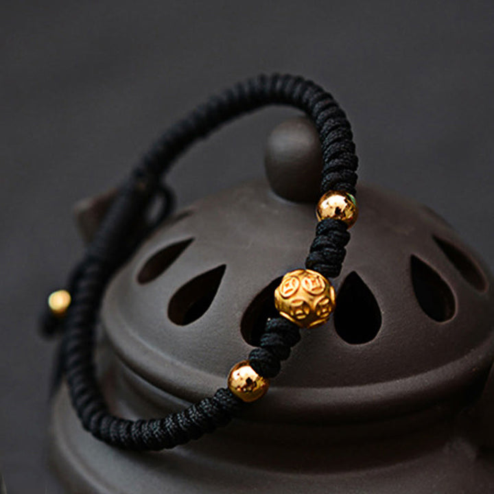 Buddha Stones 999 Sterling Silver Om Mani Padme Hum Copper Coin Luck Strength String Couple Bracelet - image 3