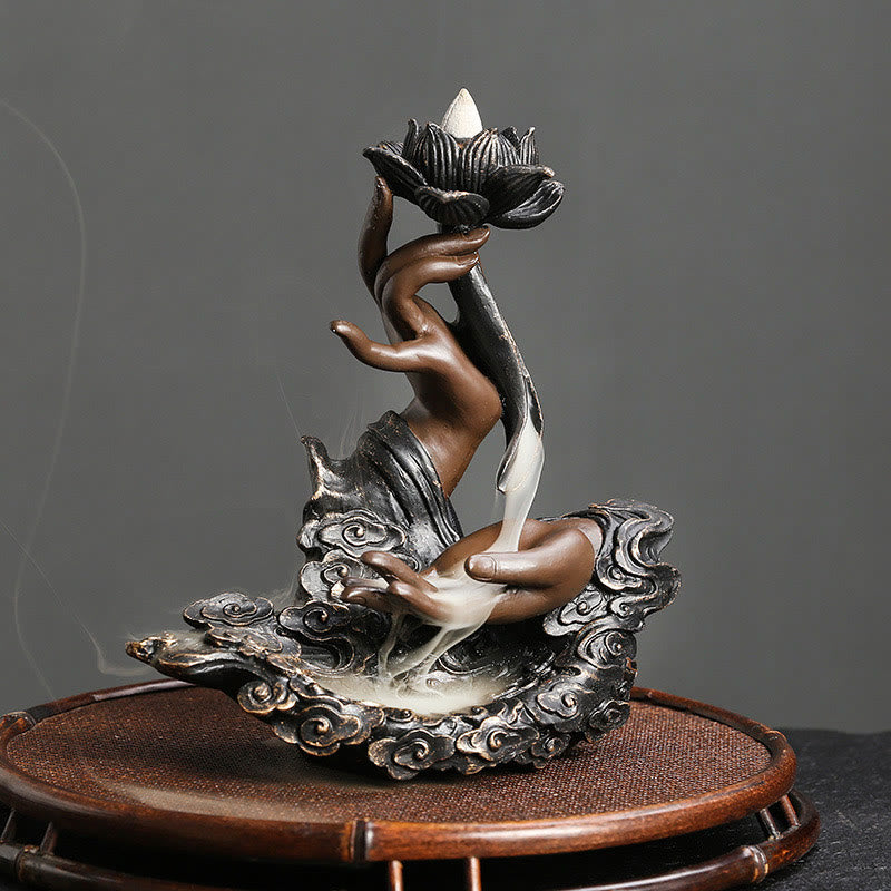Buddha Stones Lotus Buddha Hand Auspicious Clouds Pattern Meditation Resin Backflow Incense Burner - Lotus Buddha Hand 16.2*7.7*17.9cm - image 0