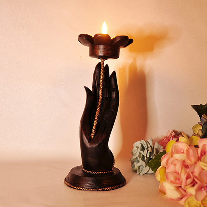 Buddha Stones Hand Pattern Wood Candlestick Home Candle Holder Decoration - image 10