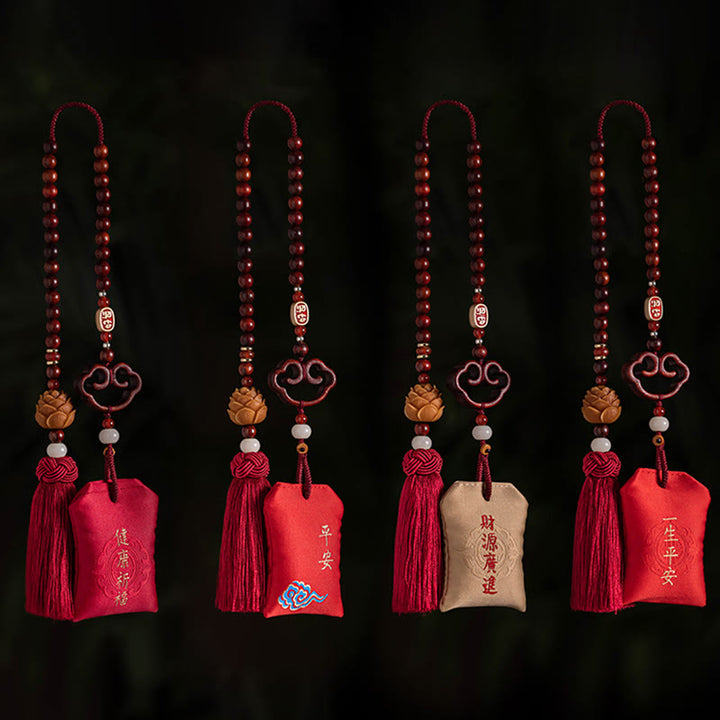 Buddha Stones Tibetan Small Leaf Red Sandalwood Lotus Cinnabar Sachet Protection Tassel Car Hanging Decoration - image 16