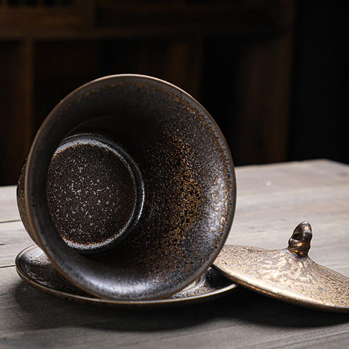 Buddha Stones Retro Rust Glaze Ceramic Gaiwan Sancai Teacup Kung Fu Tea Cup And Saucer With Lid - image 6