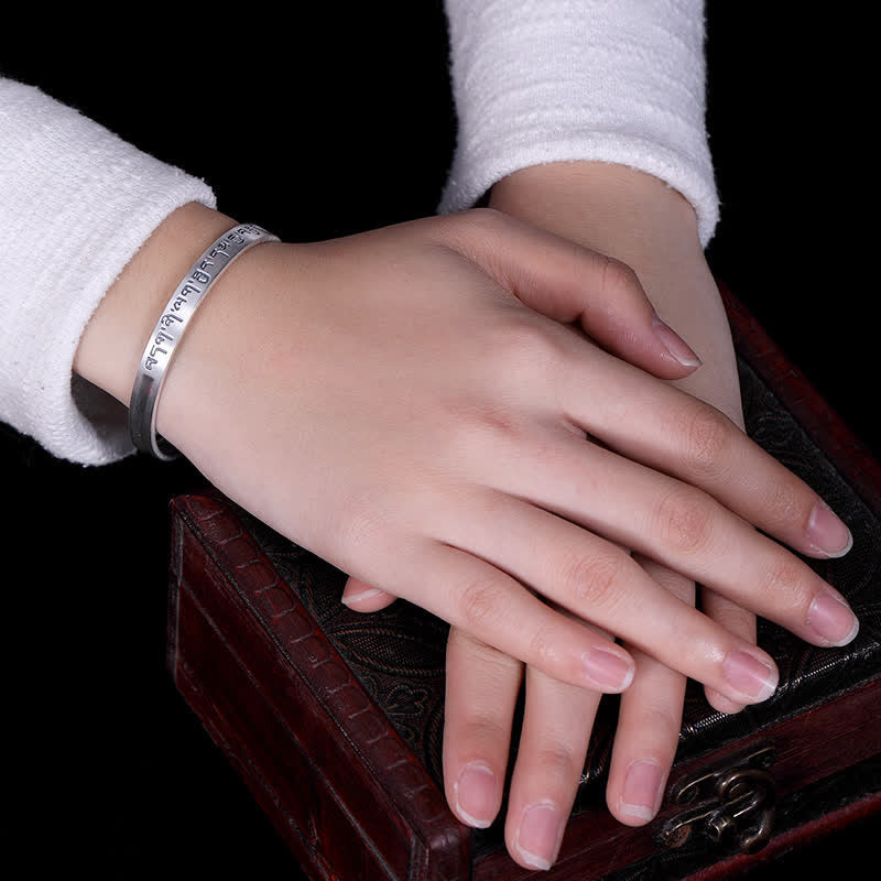 Buddha Stones 999 Sterling Silver Six True Words Heart Sutra Protection Bracelet Bangle - image 2