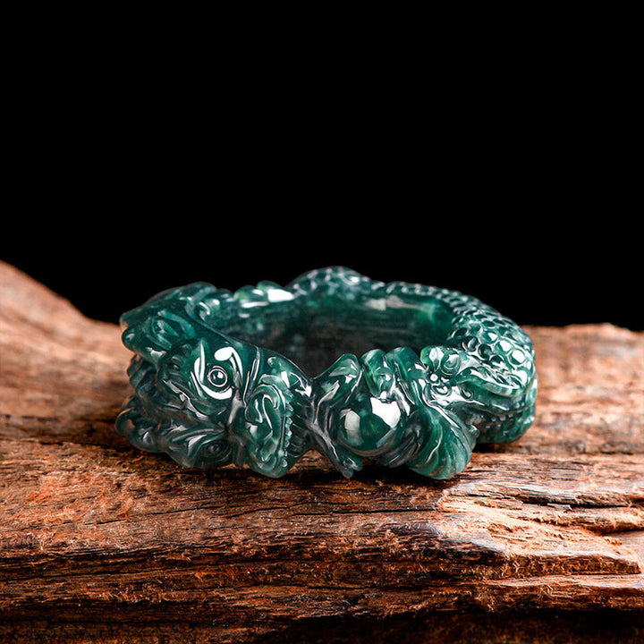 Buddha Stones Natural Cyan Jade Dragon Carved Success Ring - image 4
