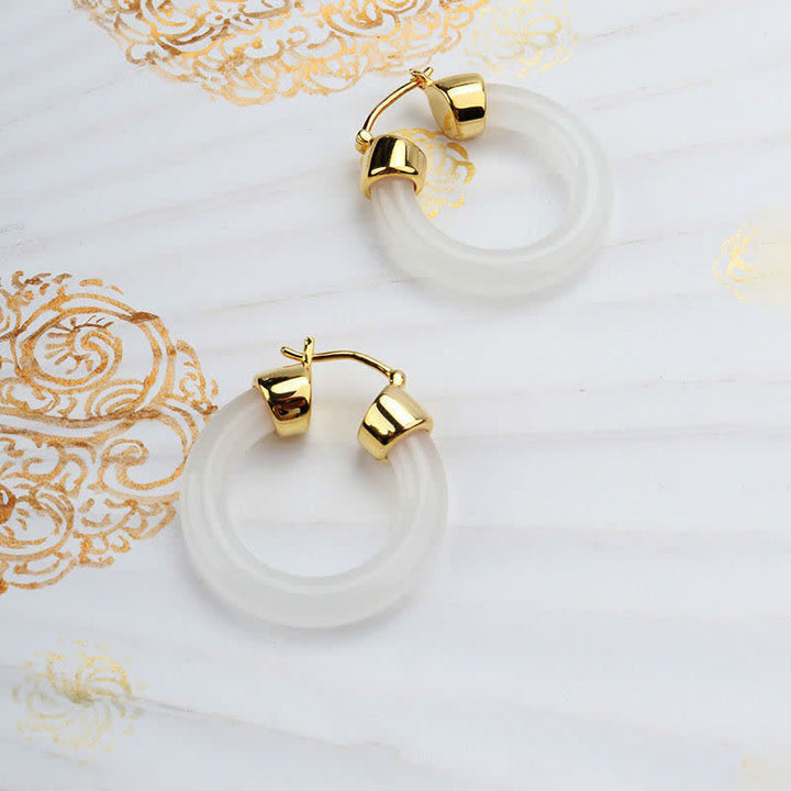 Buddha Stones Round Jade White Jade Prosperity Earrings - Gold - image 9