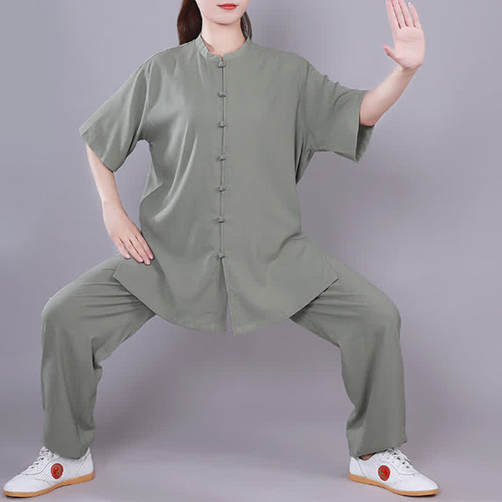 Buddha Stones Tai Chi Qigong Meditation Prayer Spiritual Zen Practice Unisex Cotton Linen Clothing Set - Green - Short Sleeve - US14，UK/AU18，EU46 (3XL)  - image 17