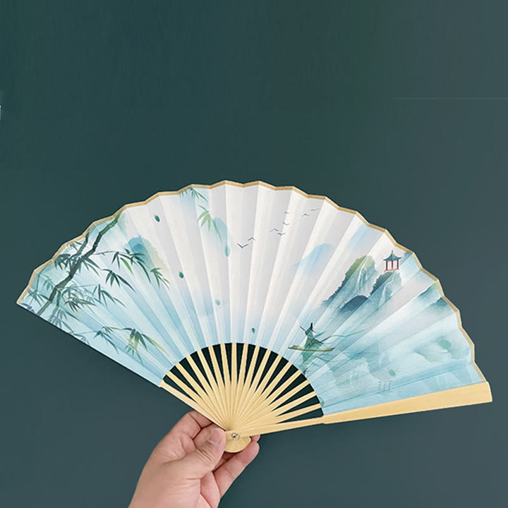 Buddha Stones Retro Lotus Flower Leaf Mountain Lake Handheld Folding Fan With Bamboo Frames - image 11