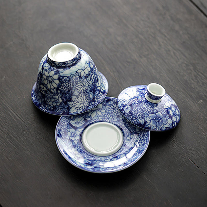 Buddha Stones Vintage Blue And White Porcelain Ceramic Gaiwan Sancai Teacup Kung Fu Tea Cup And Saucer With Lid - image 5