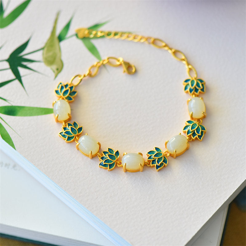 Buddha Stones White Jade Cyan Jade Lotus Protection Bracelet - White Jade - image 0