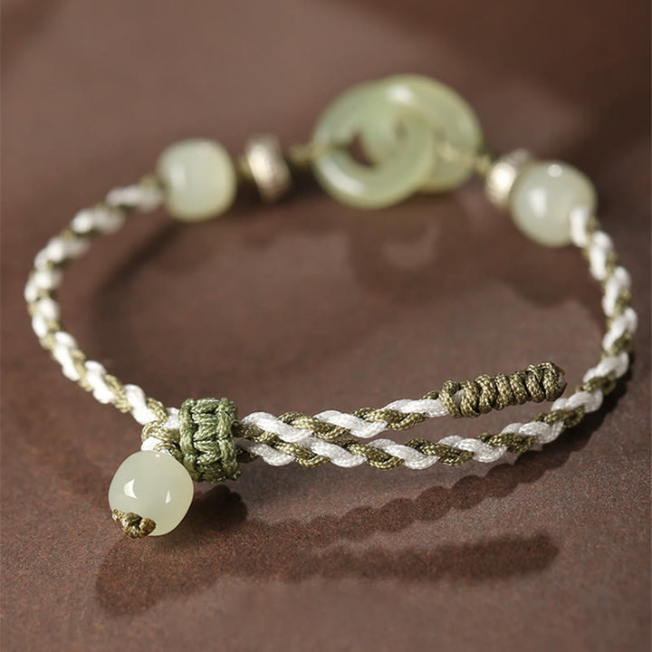 Buddha Stones Natural Hetian Jade Peace Buckle Luck Braided Bracelet - image 2