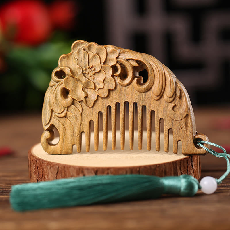 Green Sandalwood Fox Peony Flower Lotus Engraved Cure Tassel Comb - Flowers Blooming Green Sandalwood - image 16