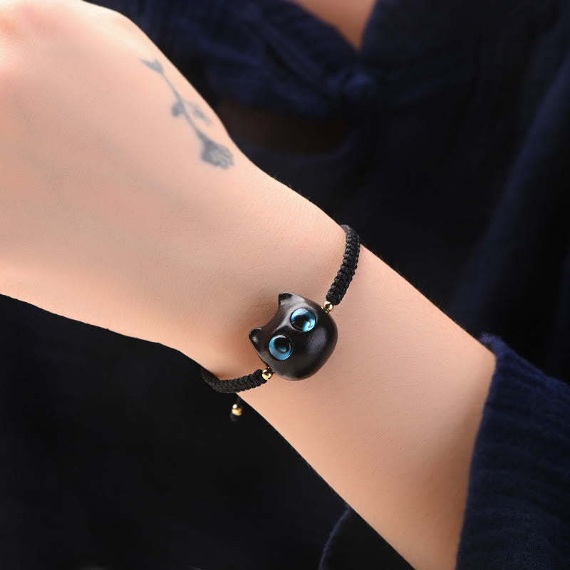 Buddha Stones Small Leaf Red Sandalwood Ebony Wood Cute Cat Head Calm Protection Braided Bracelet - image 14
