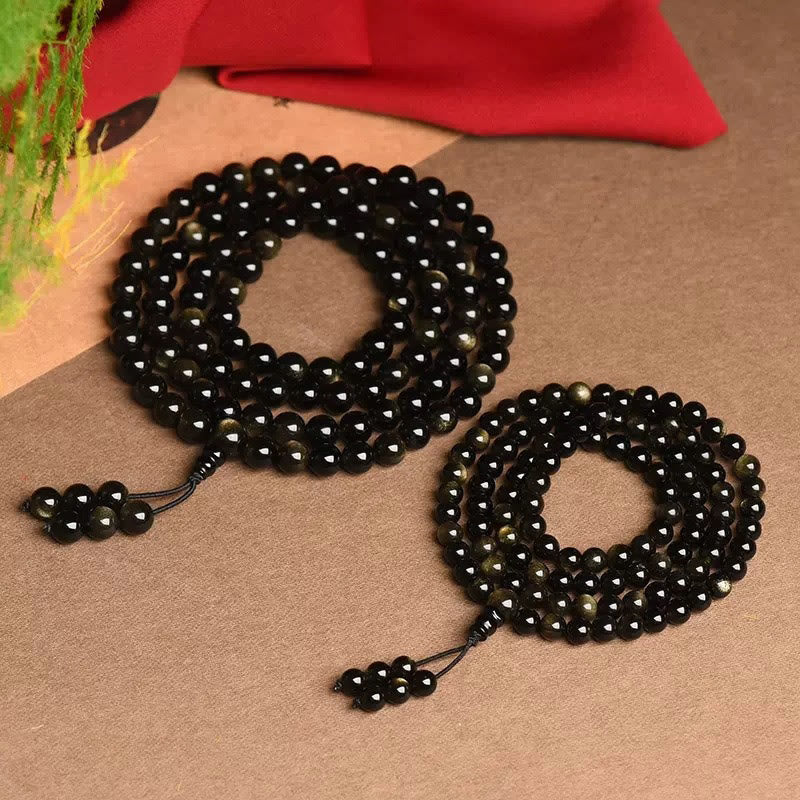 Buddha Stones 108 Mala Beads Natural Gold Sheen Obsidian Wealth Bracelet - image 5