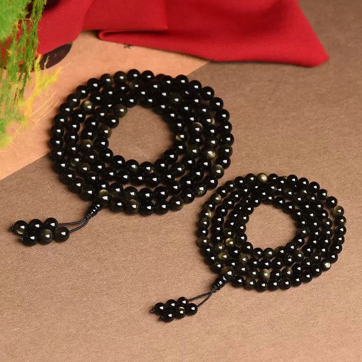 Buddha Stones 108 Mala Beads Natural Gold Sheen Obsidian Wealth Bracelet - image 5