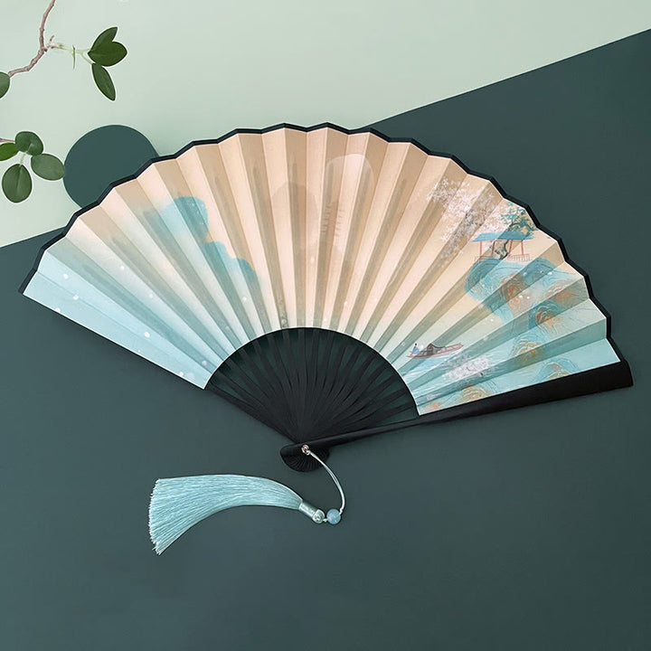 Buddha Stones Retro Lotus Flower Leaf Mountain Lake Handheld Folding Fan With Bamboo Frames - Peach Blossom Mountain Landscape - Black Bamboo Frames - image 20