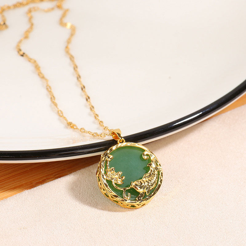 Buddha Stones Natural Jade Koi Fish Lotus Luck Necklace Pendant - image 1