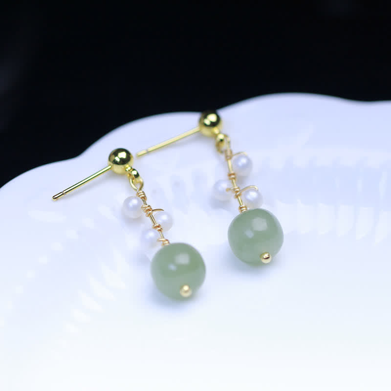 Hetian Jade Flower Pattern 14K Gold Plated Luck Drop Dangle Earrings - image 6