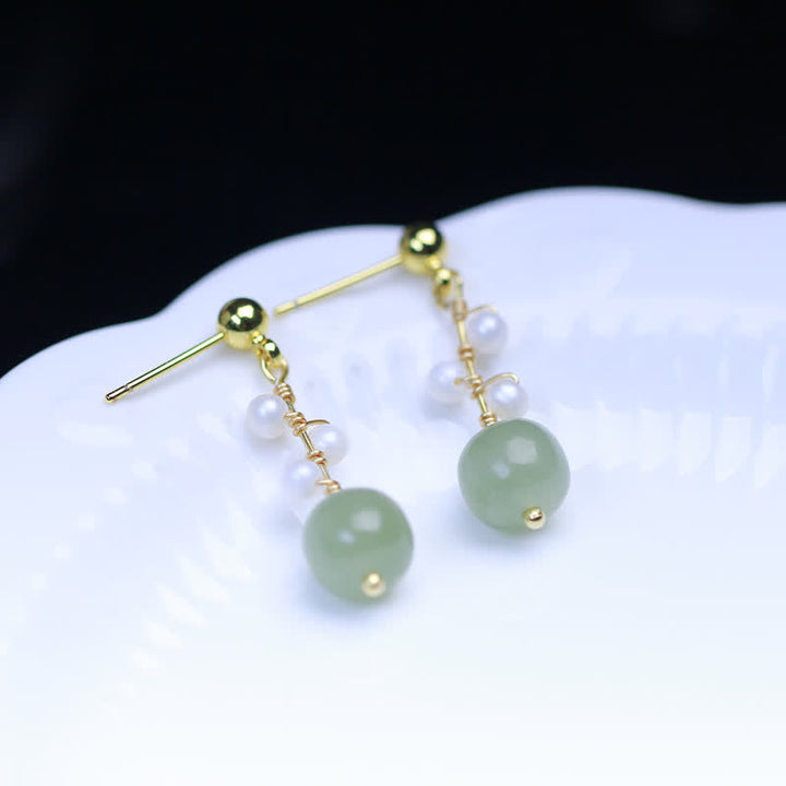 Hetian Jade Flower Pattern 14K Gold Plated Luck Drop Dangle Earrings - image 6