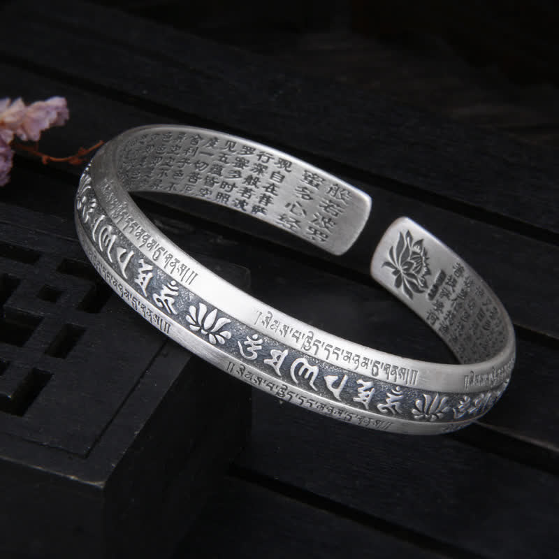Buddha Stones 999 Sterling Silver Om Mani Padme Hum Heart Sutra Lotus Peace Bracelet Bangle - 39.19g - image 0